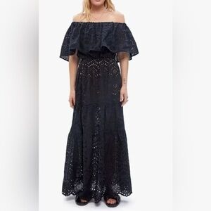 Natalie Martin Black Off-Shoulder Maxi Naomi eyelet dress